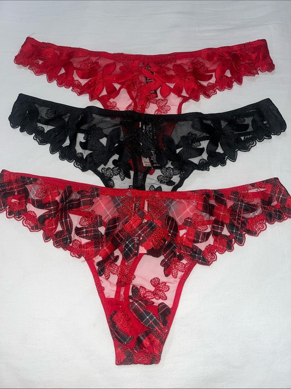 Victoria’s Secret Embroidered Mesh Thongs - Red & Black